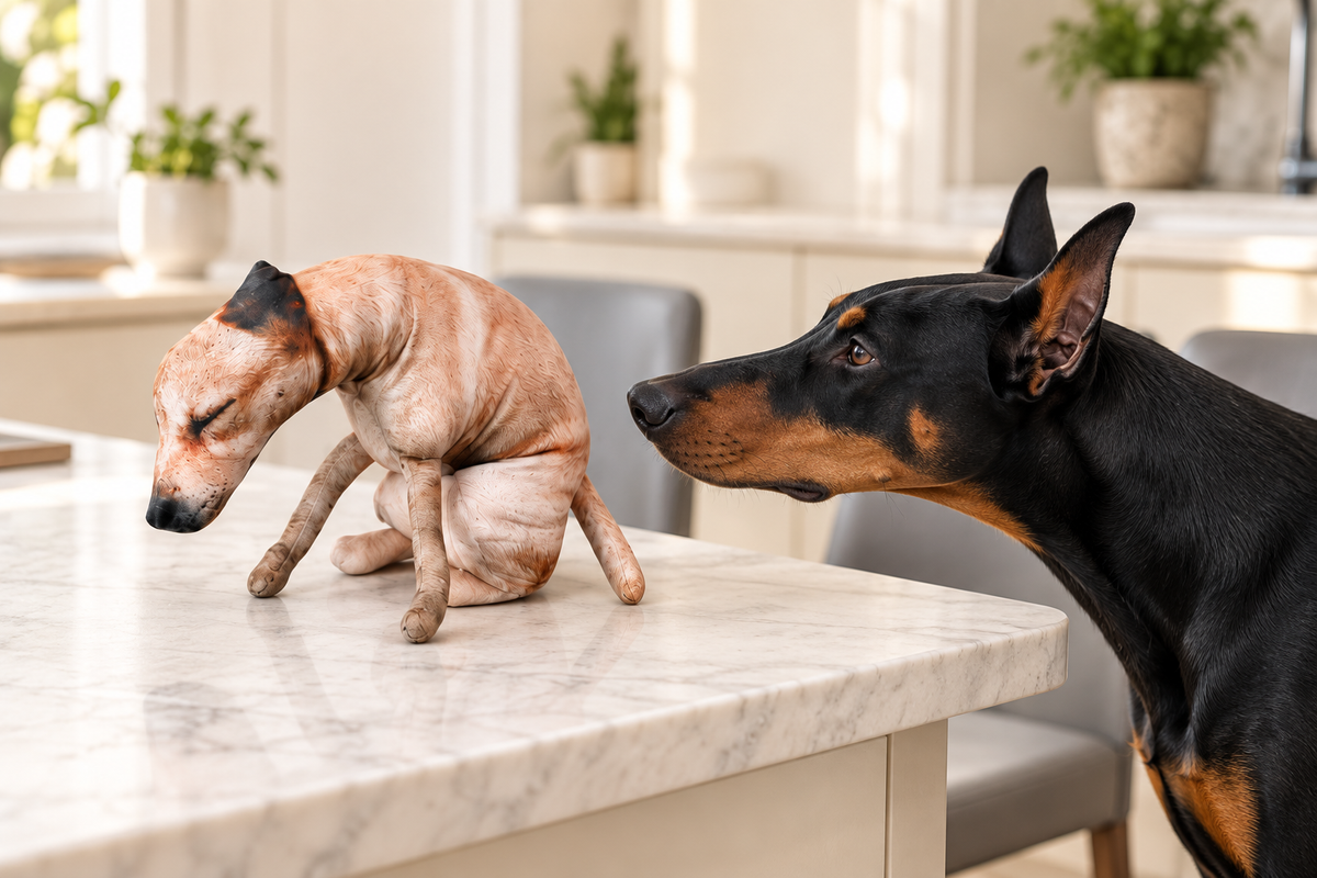 A dog investigating the Pooping Pup plush